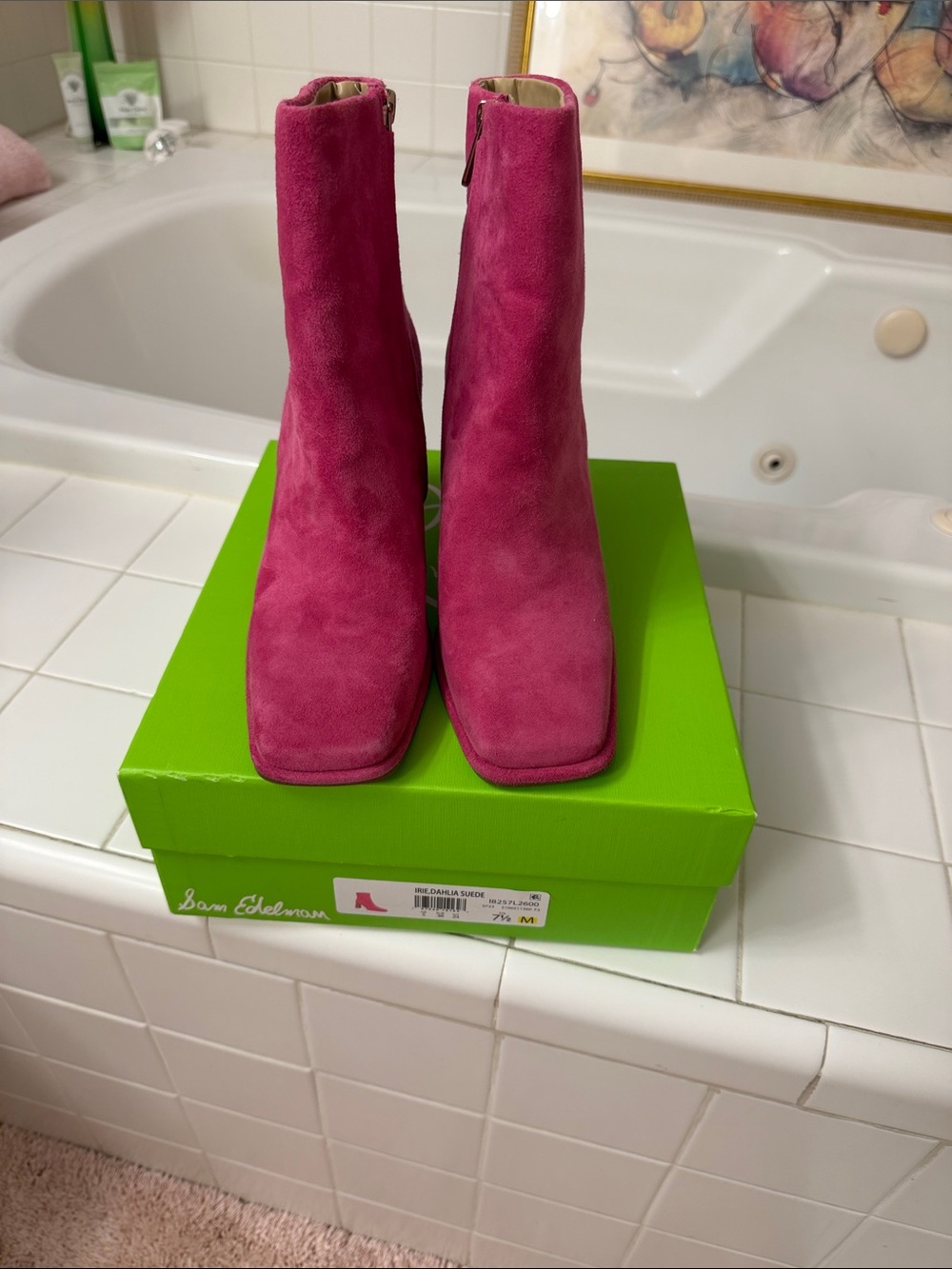 Sam Edelman Fuchsia Suede Ankle Booties with Block Heel - Picture 4 of 6